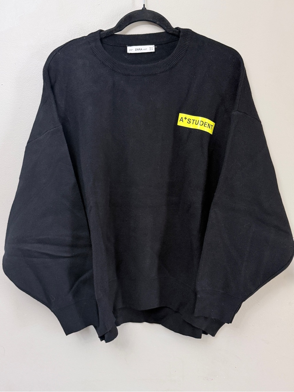 Zara Knit Black Oversized "A+ Student" Graphic Sweater Size Small